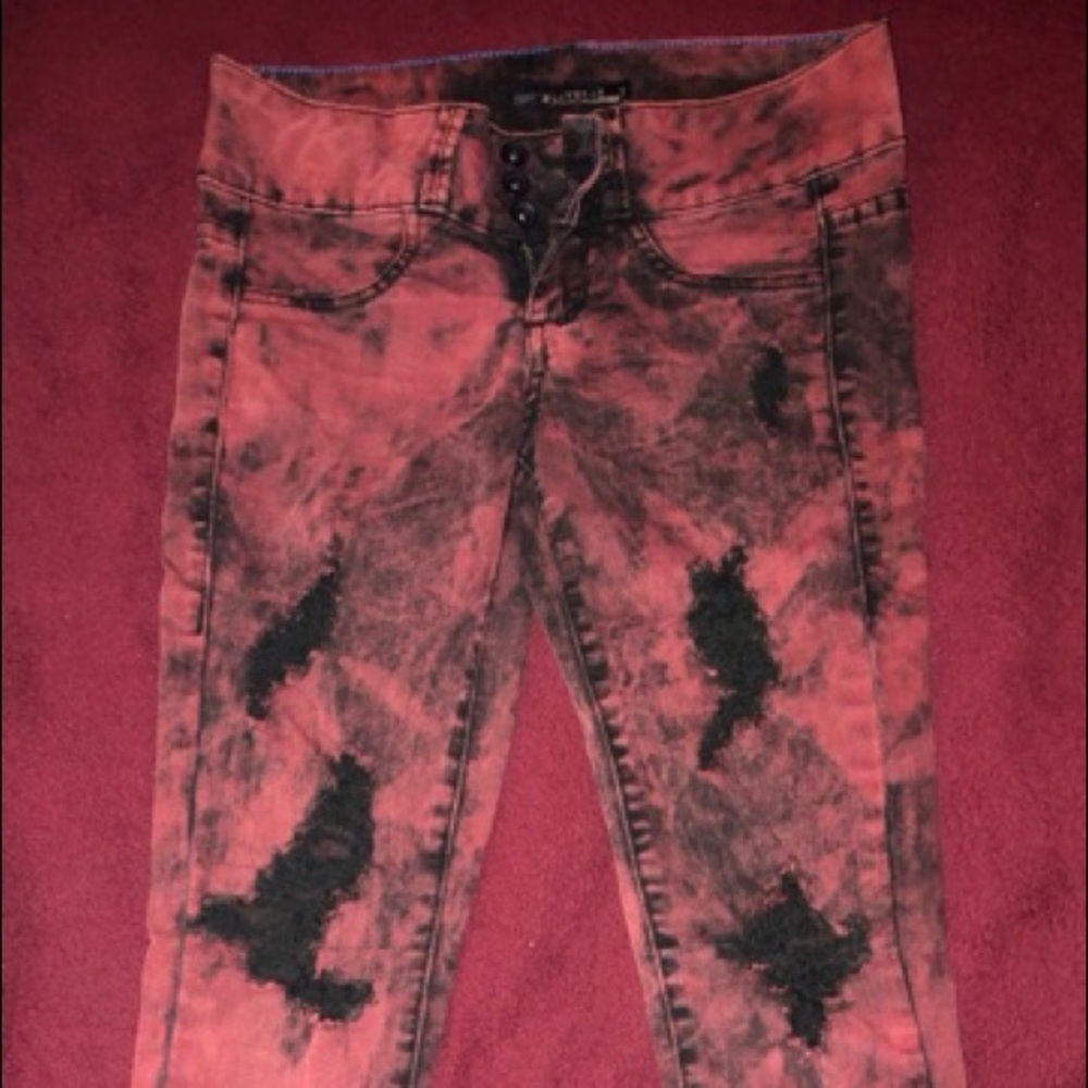 Lovesick Red+Black Ripped Denim Skinny Jeans